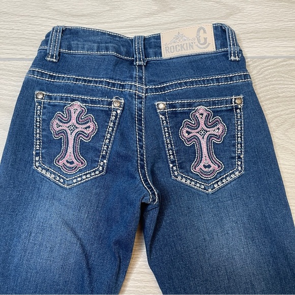 Rockin C Pink Cross Embroidered Pocket Western Bootcut Blue Jeans Girl’s Size 8 - Picture 5 of 13